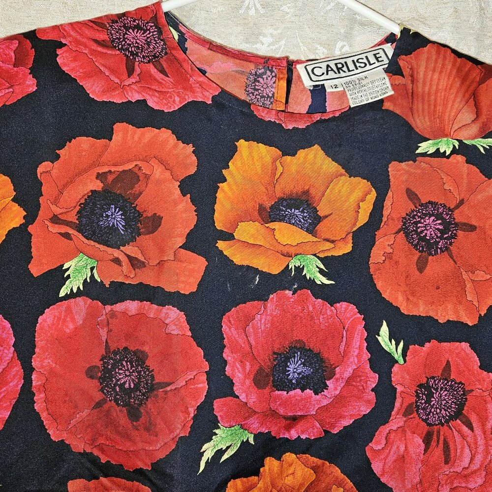 Carlisle hyper-realistic poppy print silk short-sleeved 1980s blouse - Picture 3 of 4
